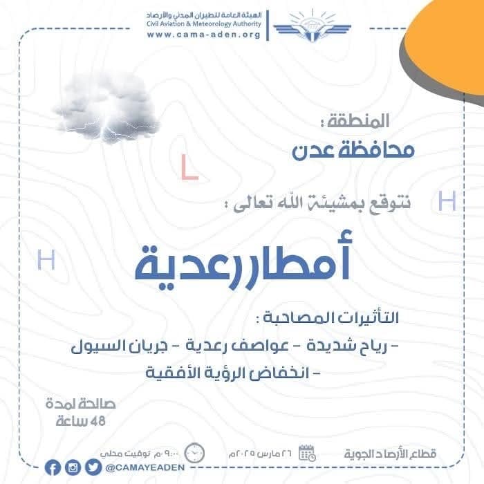 الأرصاد تتوقع هطول أمطار رعدية ورياح شديدة في عدن خلال الساعات القادمة
